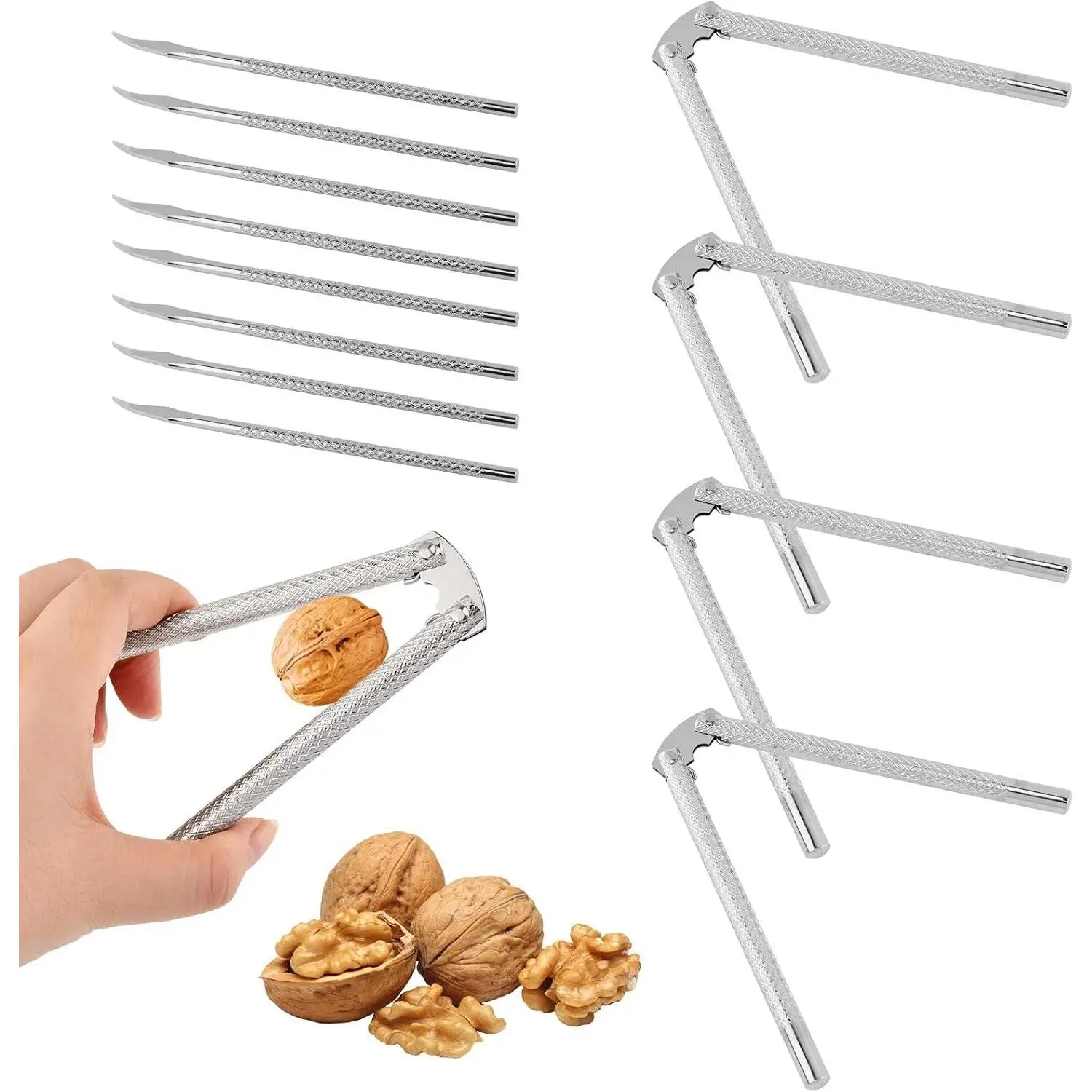 Stainless Steel Nut Cracker Set, Including 4 Nut Cracker and 8 Picks for All Nuts Walnuts Seafood, Pecan Walnut Lobster or Crab Seafood Metal Shell Crackers with 1 Storage Bag