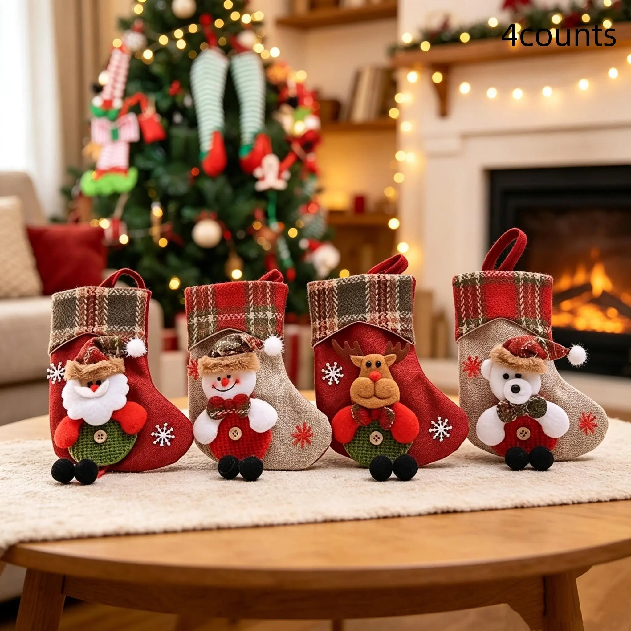 4 Piece Christmas Socks Decorations with Hooks, Plaid and Snowman Design, / Holiday Decor, Multi-Use for Christmas, Easter, Thanksgiving, New Year