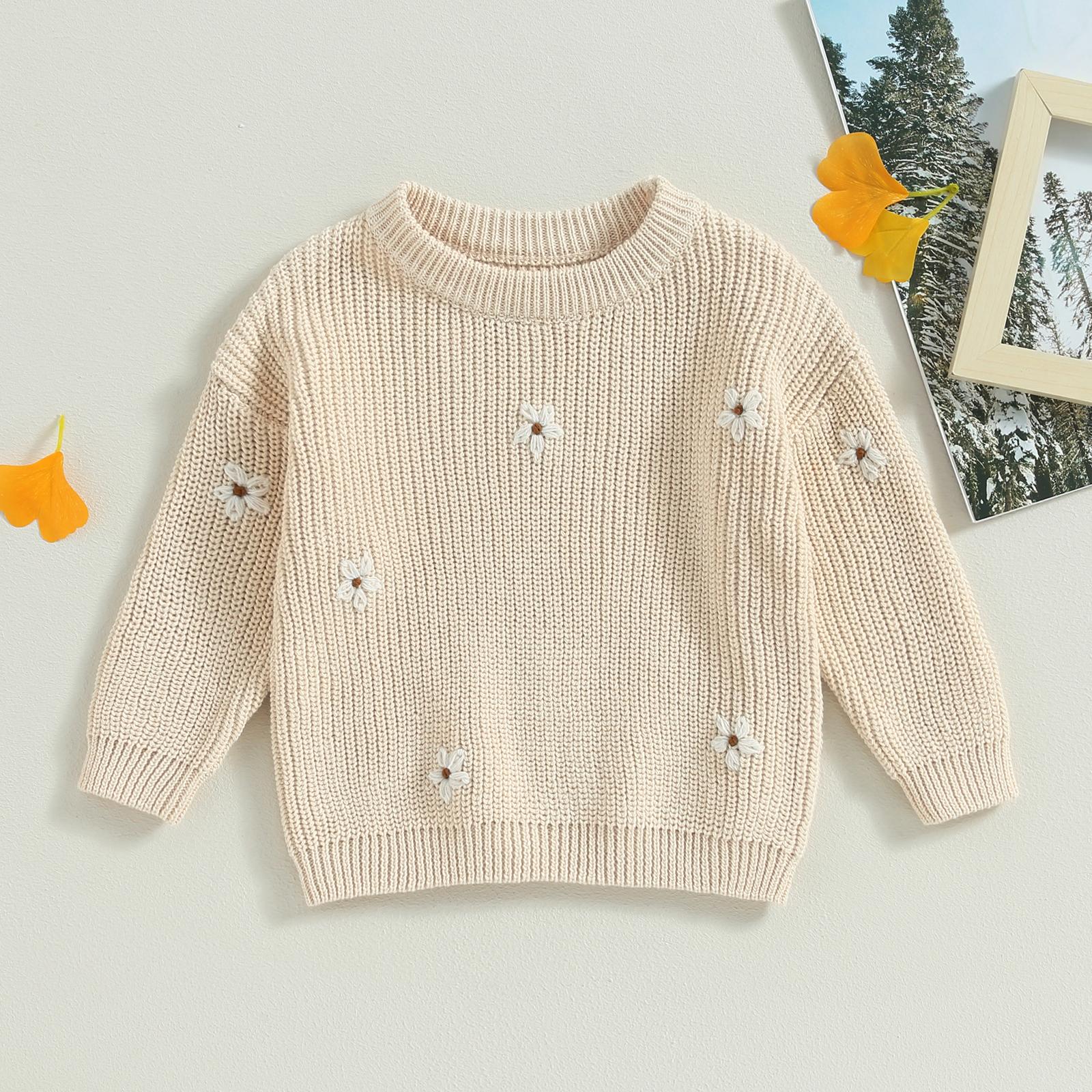 Toddler Baby Girl Knit Sweater Blouse Pullover Sweatshirt Flower Embroidery Warm Long Sleeve Tops 0-5 Years