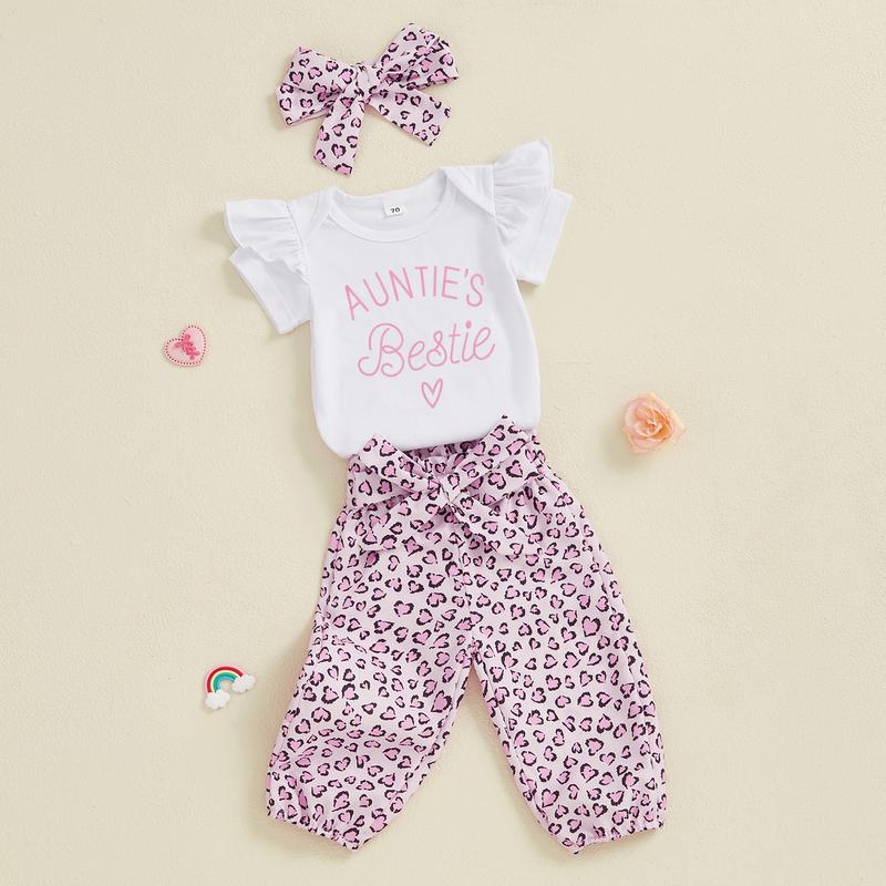 Aunties Bestie Baby Clothes Girl Newborn Short Sleeve Romper Leopard Pants Set Headband 3Pcs Infant Summer Outfits