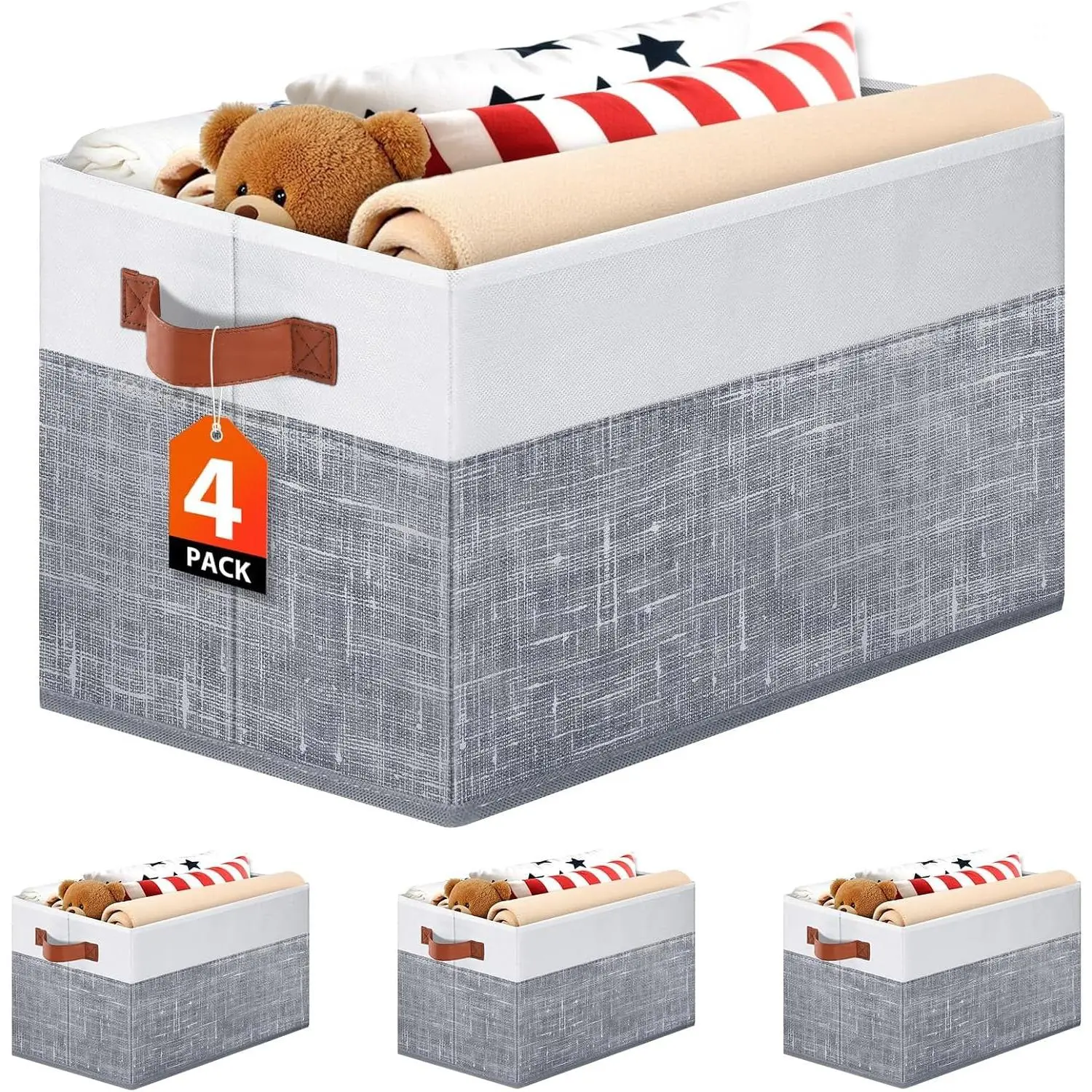 Collapsible Storage Baskets for Shelves,14"x10", 4 Pack Foldable ric Storage Bins with Double Leather Handles, Large Baskets for Organizing Books, Clothes, White & Grey