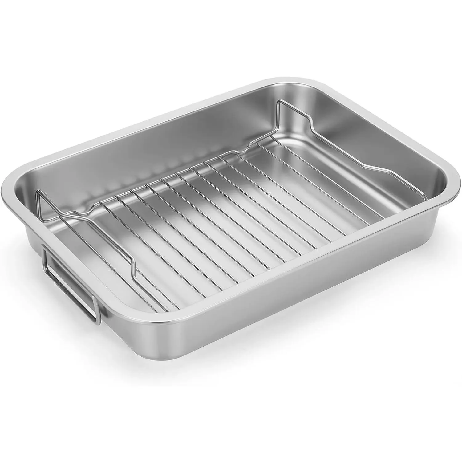 Heavy Duty Stainless Steel Roasting Pan with Rack & Handle for Oven | High Sided, Induction Compatible, Rack for Even Heating & Draining, For Turkey Chicken Vegetables & Lasagna, Easy to Clean