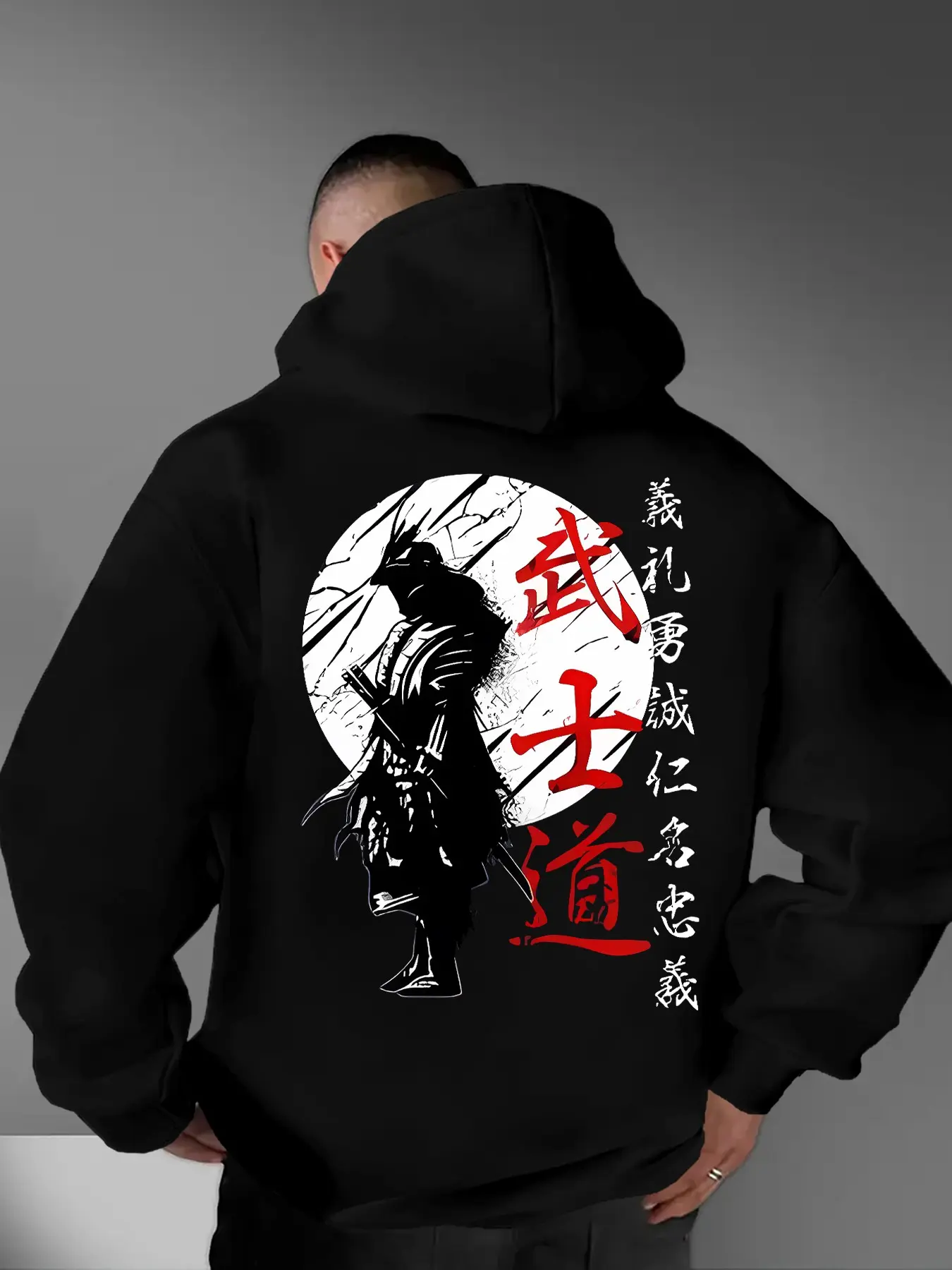 Men's Hooded Sweatshirt, Japanese Style Samurai Shadow Print, Loose Fit, Thick Soft Fabric, Streetwear, Daily Wear, Fashion Pullover