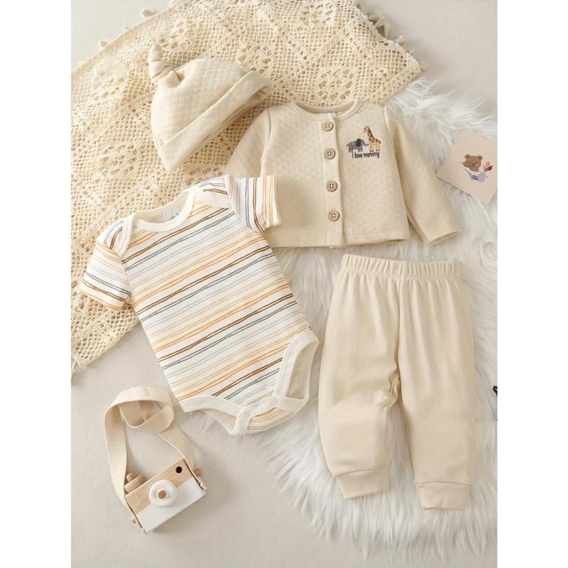 [4-piece cotton pants set] 4-piece boy's cartoon giraffe cotton long-sleeve pants set|   Air cotton, casual round, stretch knit, regular fit, no belt, polyester, autumn and winter season, outdoor