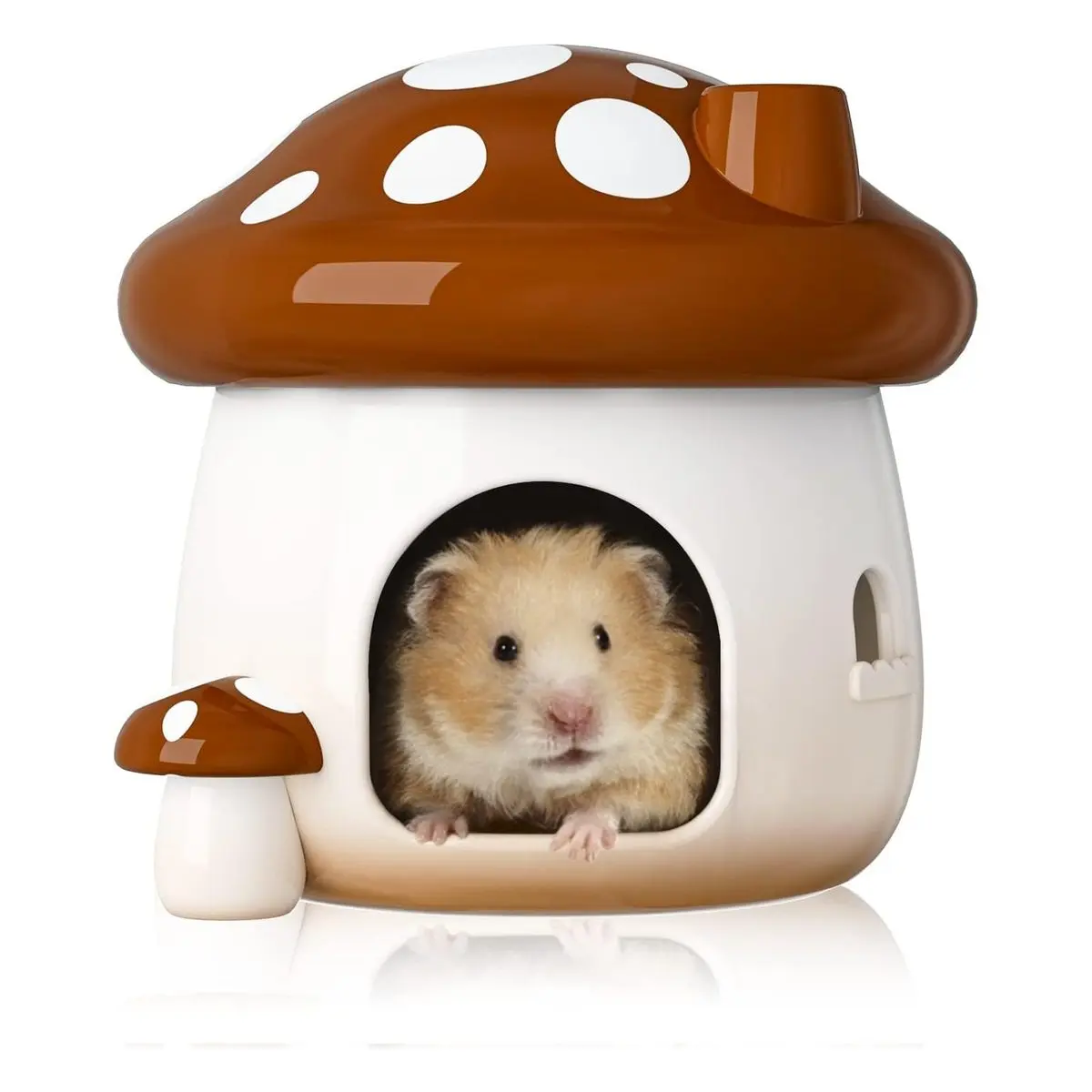 Ceramic Mushroom-Shape Small Animal Hideout - 17*16.7cm Brown Large, Bite-Resistant, Water-Washable, Biodegradable All-Seasons Temperature Control Home for Dwarf Hamsters, Chipmunks with Bite Resistance, Buckle on Top Cover