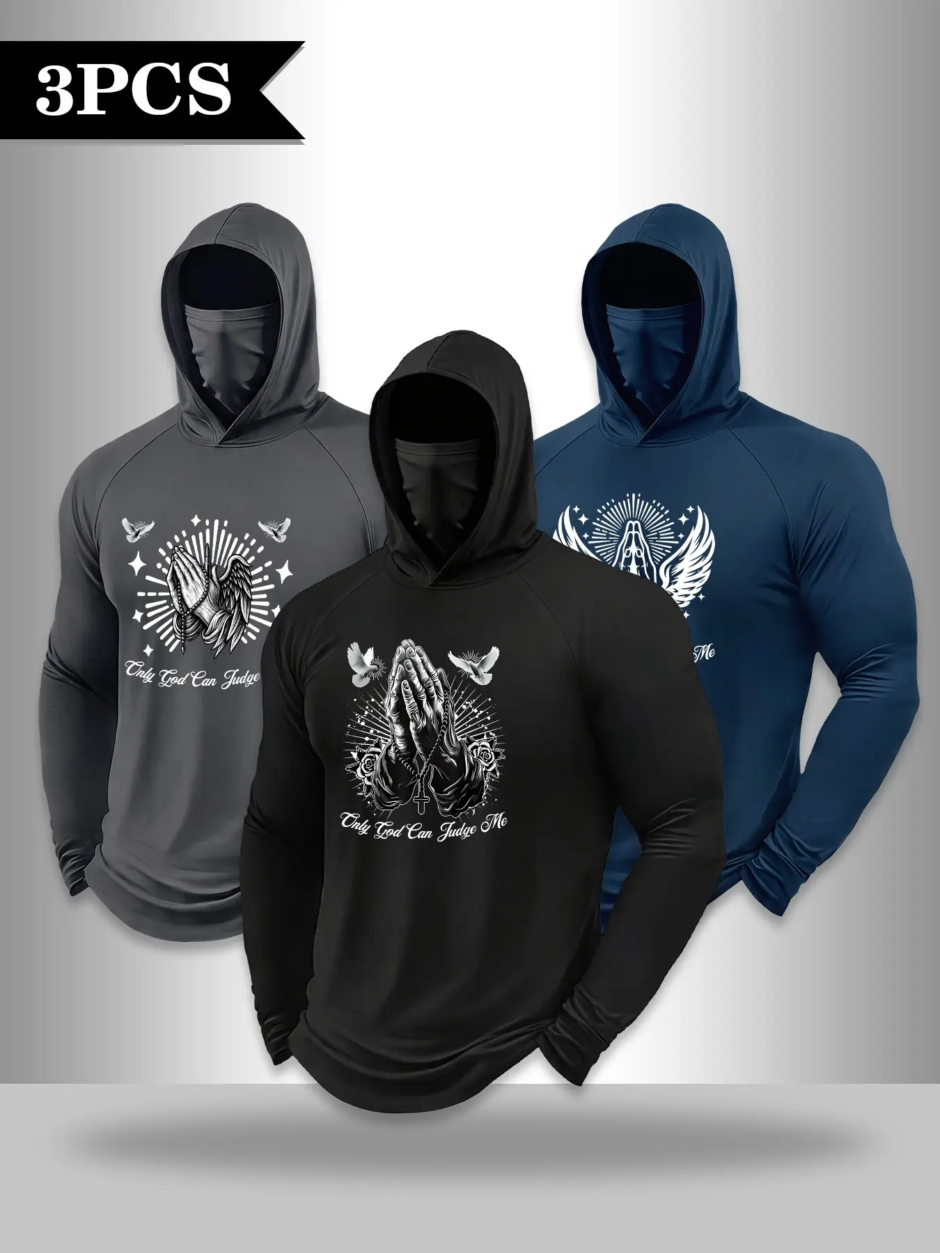 3-piece printed Graphic prayer hands white dove style one-piece face mask with hood and pullover hoodie shirt, shoulder-sleeved casual t-shirt
