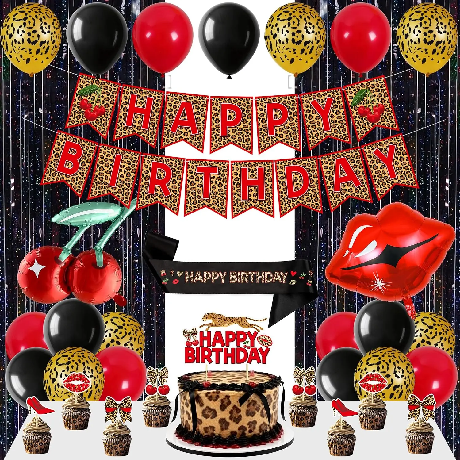 Roetyce Cheetah Cherry Birthday Decorations, Cheetah Leopard Print Birthday| Black Red Birthday Banner Balloons Cake Topper Cherry Sash Fringe Curtain, Cherry & Cheetah Party Supplies Photo Backdrop