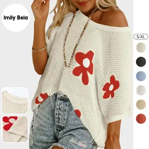 Imily Bela Womens Crochet Sweater Tops Batwing Short Sleeve Oversized Boat Neck Boho Knit Summer Beach Cover Ups