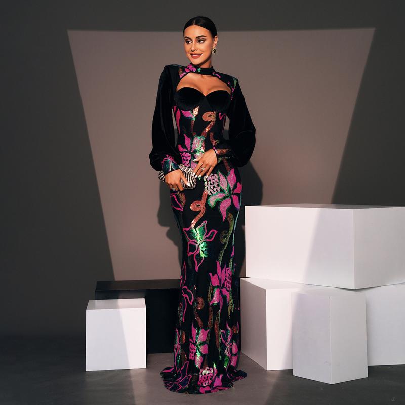 Long Sleeve Elegant Round Neck Sexy Hollow Out Long Sequin Evening Dress Bridesmaid Dress for Women Womenswear Black Floral Crewneck