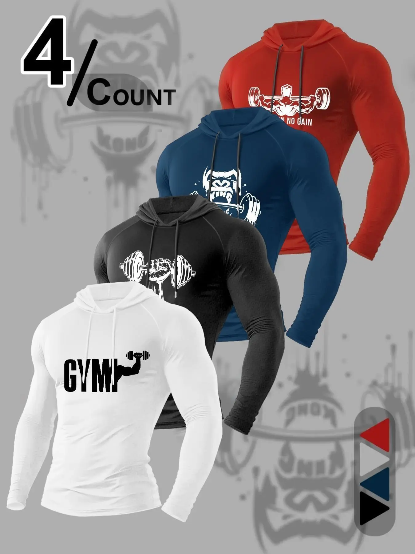 Four-Color Gorilla Barbell Strength Slogan High Elastic Raglan Hooded Quick-Dry Fitness Long Sleeve Tight Set, Casual Fitted T-Shirt, Gym Workout Sportswear