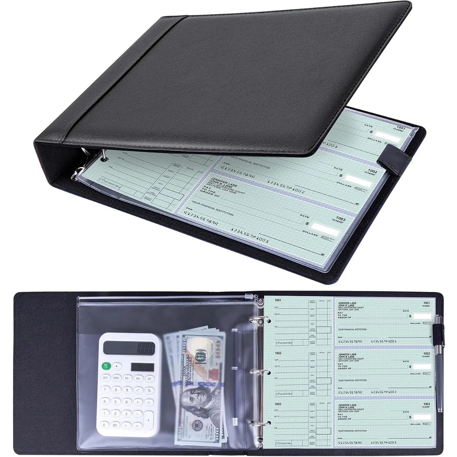 3 Ring Personal Check Binder for 3--a-Page End-Stub Deskbook & Personal 3 Holes or 9 Holes Small Size Checks, PU Leather Check Holder Checkbook Binder Cover with Zipper Pouch, Black