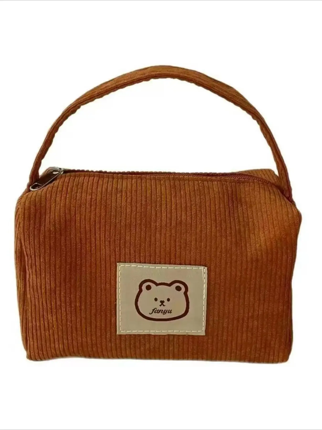 Vintage Corduroy Cartoon Bear Label Storage Bag, Student Coin Stationery Mini Handbag, Cute Solid Pattern Cosmetics Bag for All Seasons