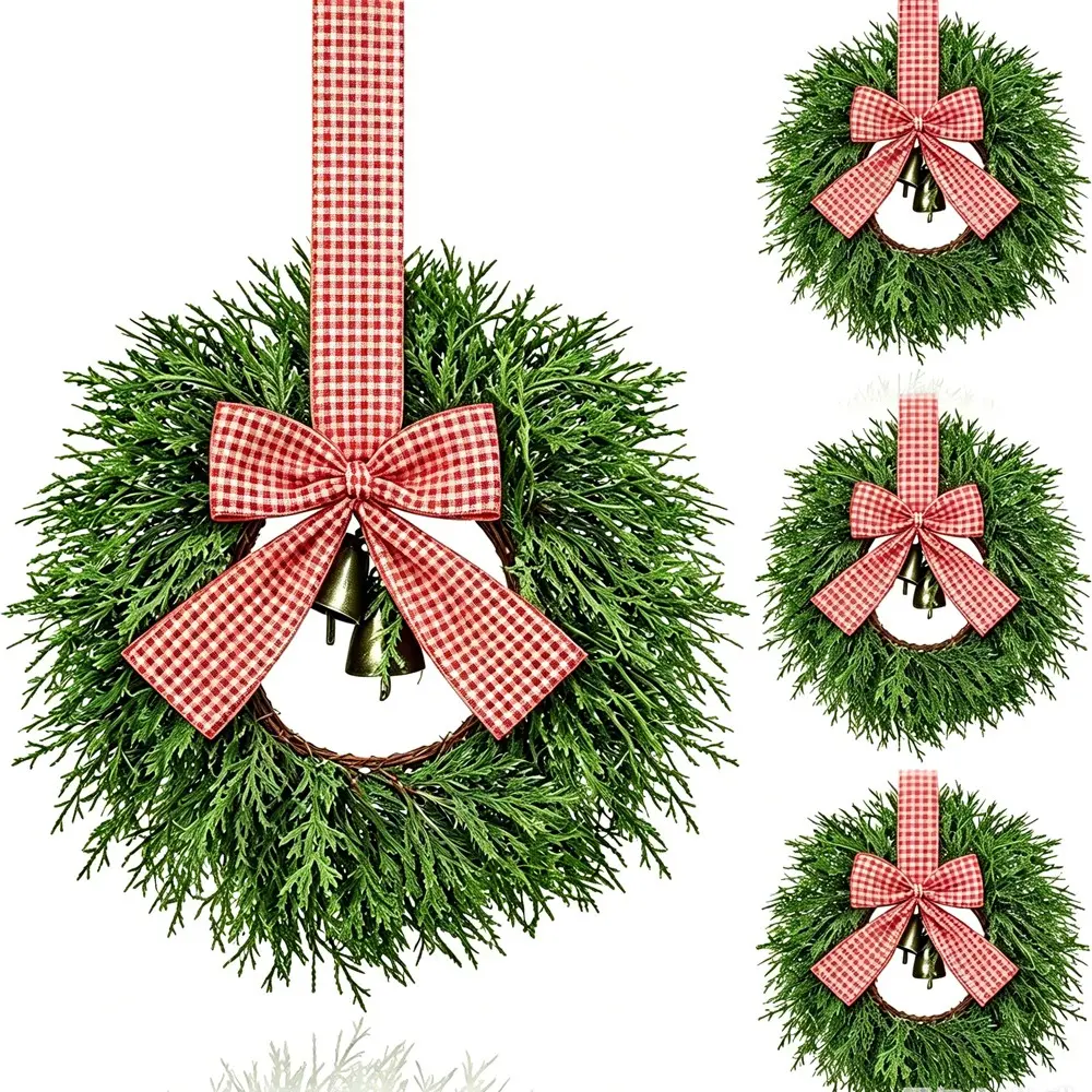 4 Mini Christmas Wreaths for Cabinets, 10.2 Inch Cedar Wreaths with Vintage Bell and Velvet Ribbon, Farmhouse Decor for Kitchen Fireplace Doors