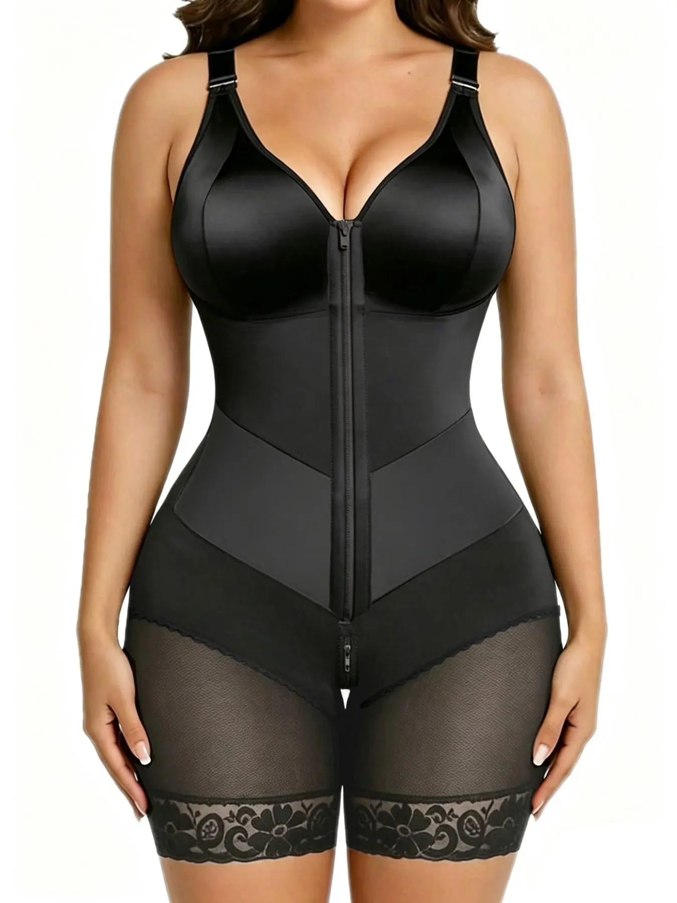 High Compression Front Zipper Bodyshaper, Tummy Control Butt Lifting, Lace Edge Thigh Slimming, Adjustable Strap Sculpting Shapewear Bodysuit