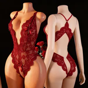 Floral Lace Halter Teddy Lingerie for Women with Deep V Cutout and Open Back, Split Crotch with Mini Bow & Heart Rhinestone, Romantic Gift, Romantic Gifts For Girlfriend