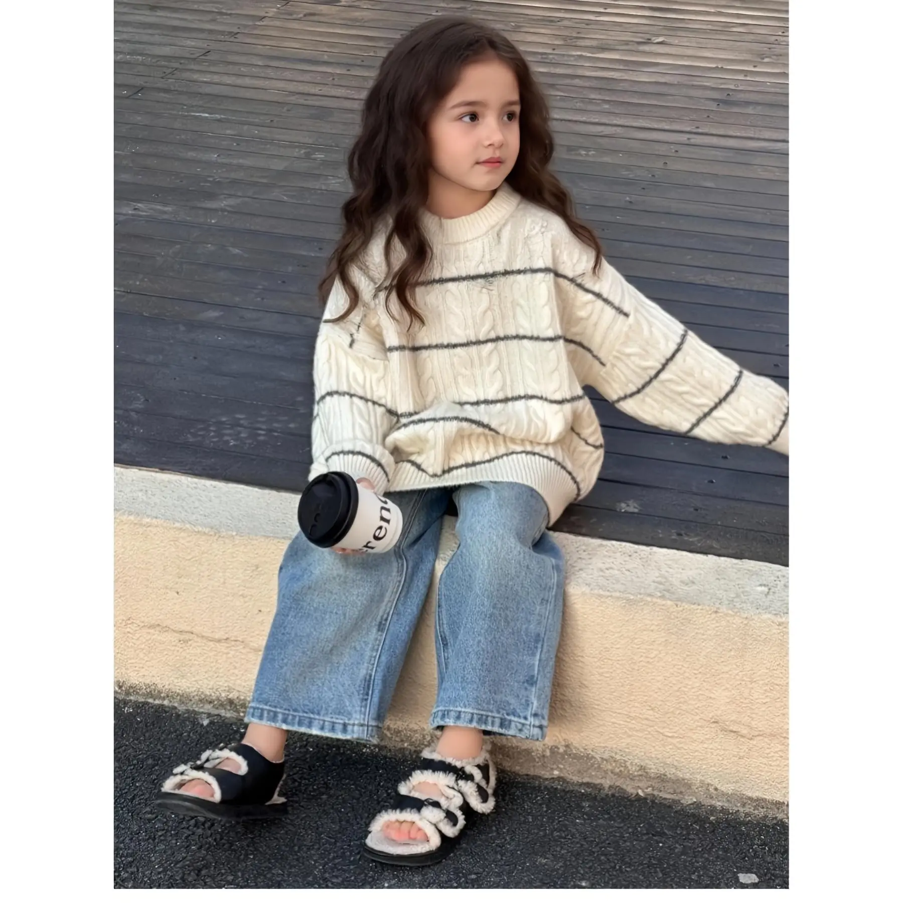 Girls' Vintage Cable-Knit Stripe Pattern Turtleneck Sweater, Soft Polyester, Skin-Friendly, Back-to-School Essential, Beige and Black, Warm Autumn-Winter Versatile Top