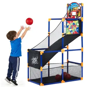 Adjustable Kids Basketball Arcade Game Set - Basketball Hoop & Sticky Toss, Indoor Outdoor Sports Toy, Ball Return Ramp, 4 Basketballs & 6 Adhesive Balls