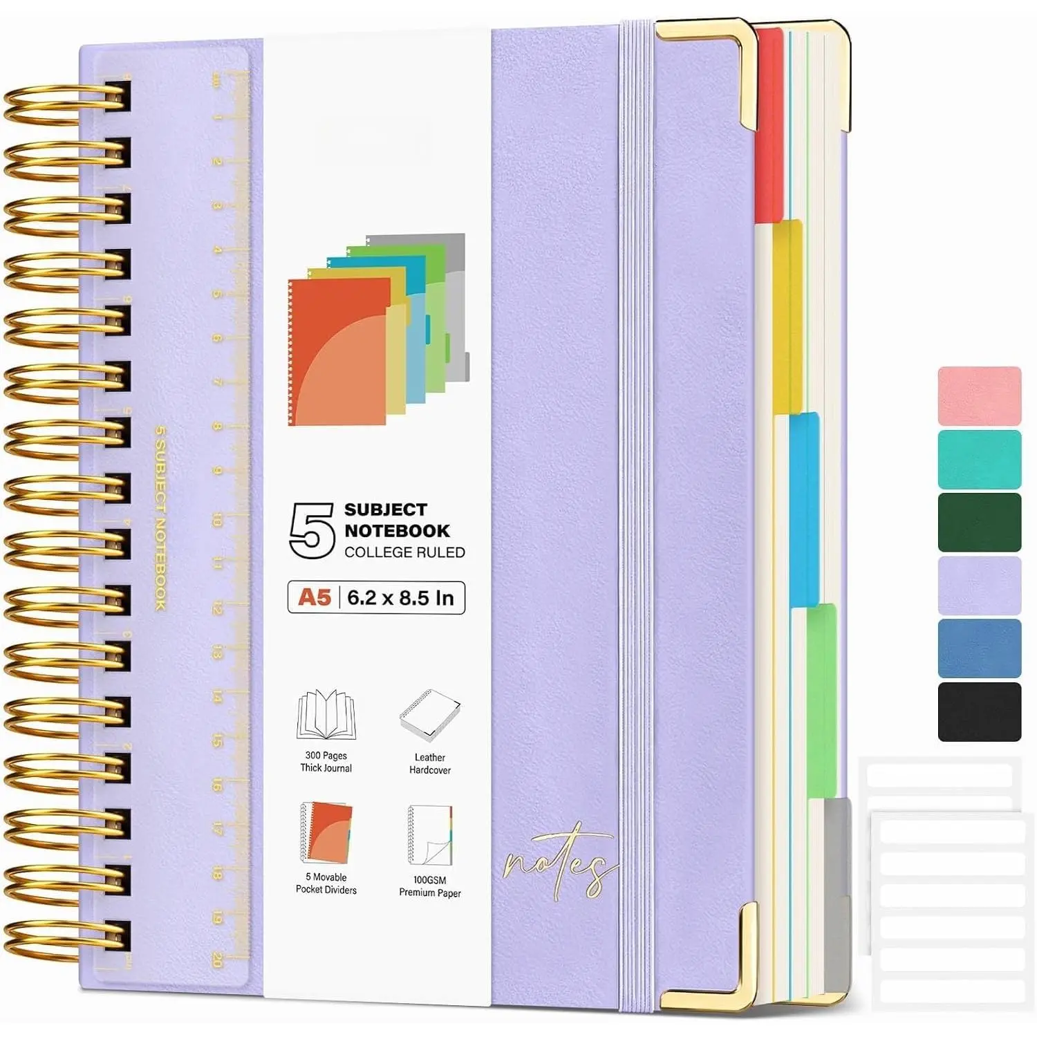 Leather 5 Subject Spiral Notebook: Hardcover College Ruled Notebook with Pocket Dividers & Ruler, 300 Pages 100GSM Thick Writing Spiral Journal for Women Men, Lined A5 Notebooks for Work School, 6"x8"
