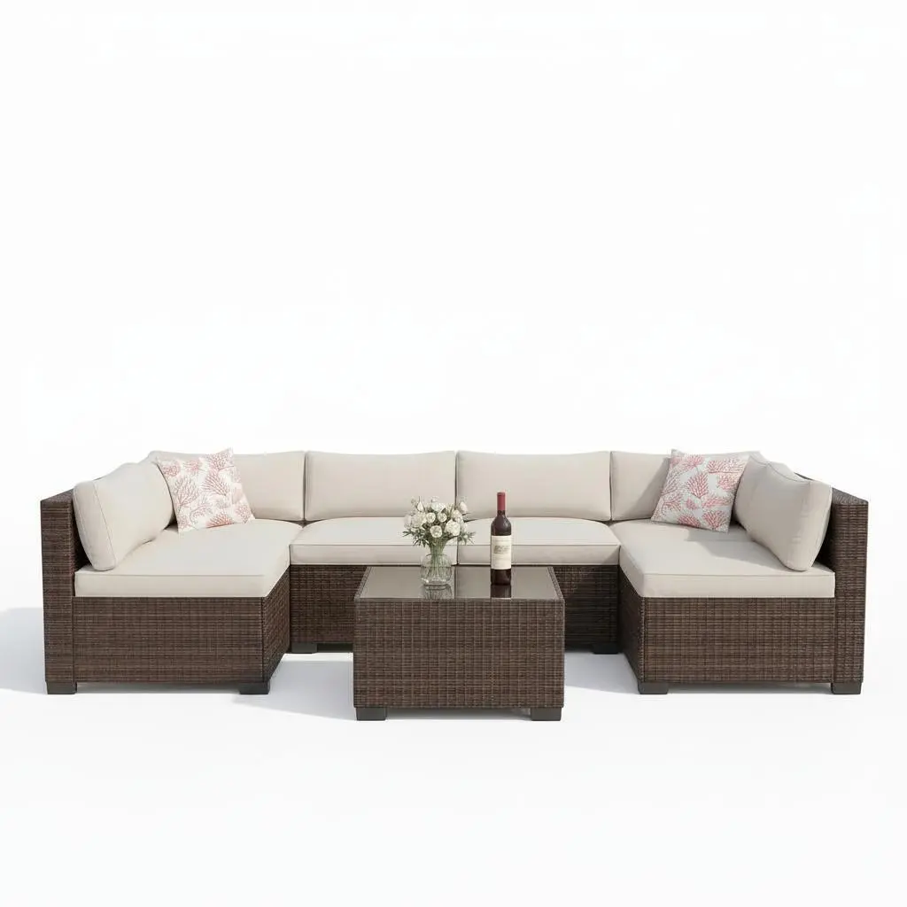 Garvee 7-Piece Durable Outdoor Furniture Set - Waterproof PE Rattan Patio Modular Sectional Couch, Patio Conversation Set with Storage Table, Ottoman, Beige Cushions, Wipe Clean All-Weather Garden Seating Group