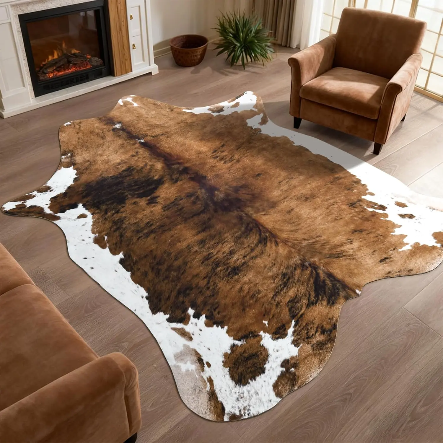 Brown Faux Cow Print Synthetic Fiber Single Rug - 4.6x5.2 ft Modern Farmhouse Animal Motif Rug, Non-Slip Home Decor for Living Room, Bedroom