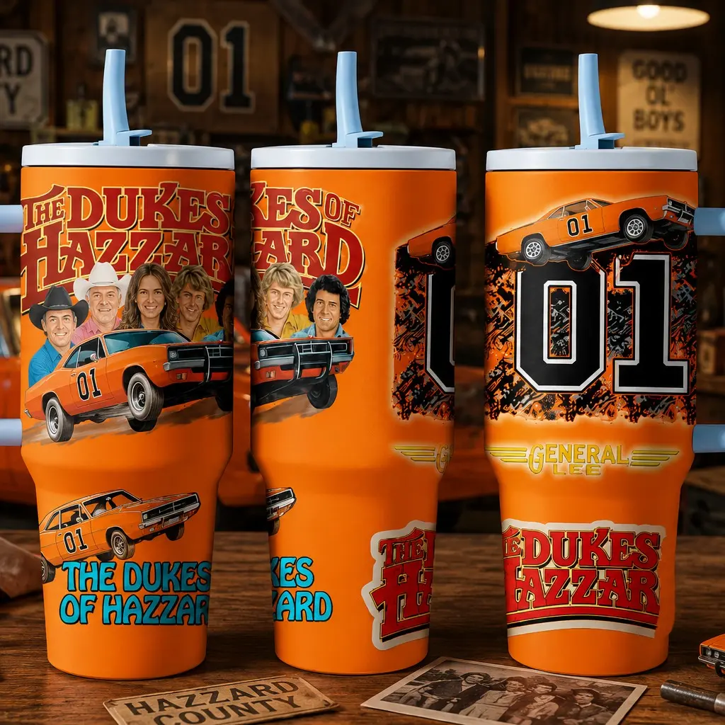 The Dukes of Hazzard Tumbler 40oz, General Lee Car Cup with Handle Lid Straw, Classic TV Racing Gift, Insulated Stainless Steel, Drinkware