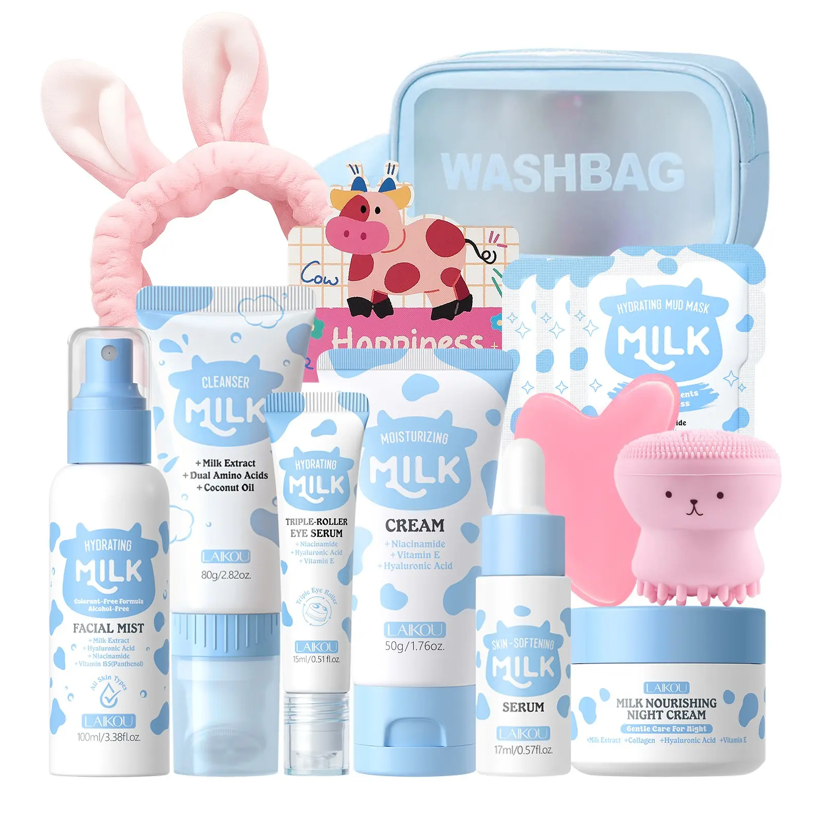 LAIKOU Milk Skin Care Gift Set for Teen Girls, 14-in-1 Moisturizing & Gentle Facial Kit with Gua Sha Beauty Tools
