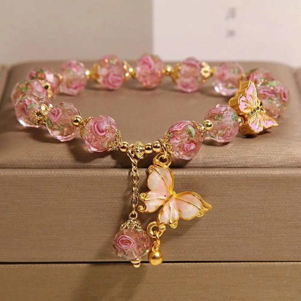 Boho Aesthetic Beaded Bracelet with Golden Butterfly Charm Pendant - Turquoise, Pink, Golden Marble Chinese Glazed Beads Statement Jewelry, DIY Bag Accessory to Elevate Your Style, Layer It with Other Accessories for Parties Any Time of the Year