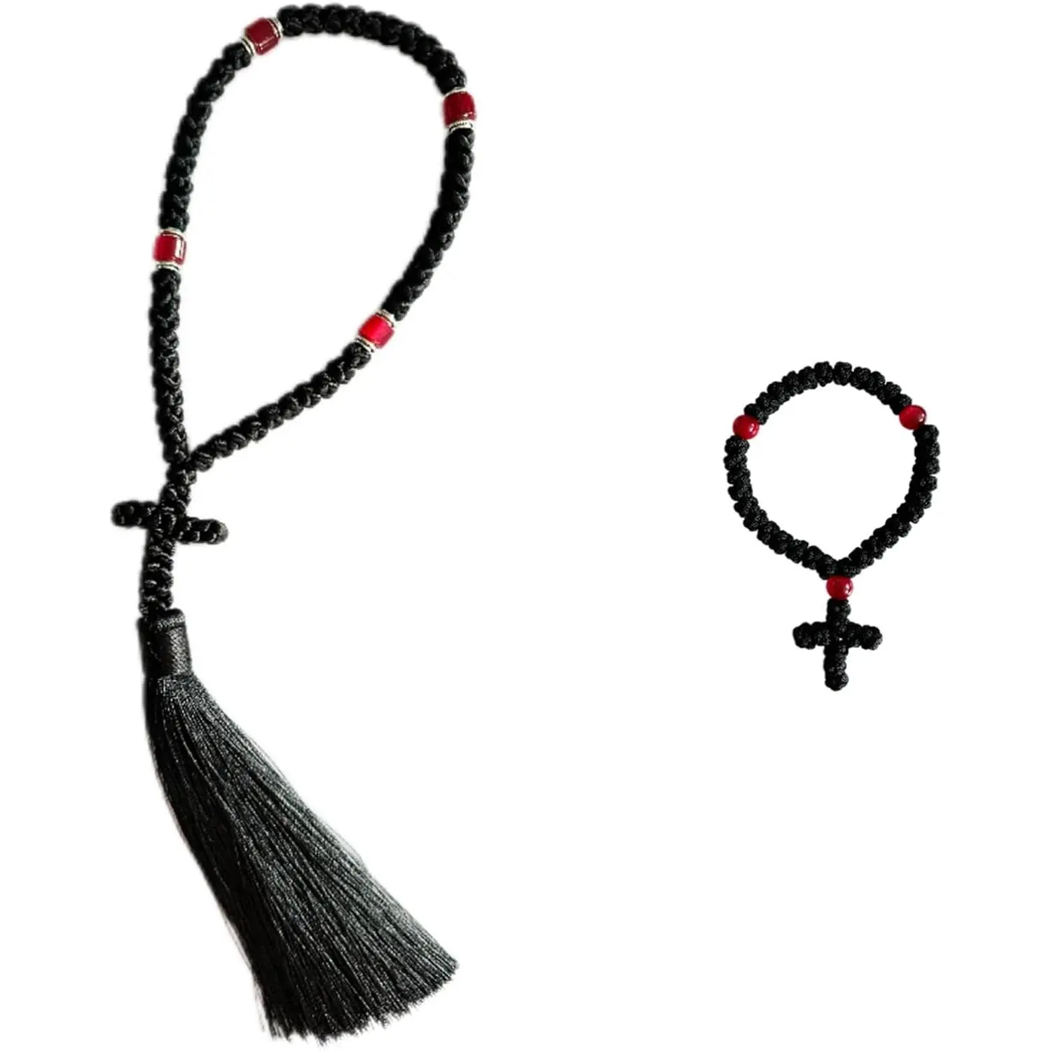 2 count Black Chotki 33 Knot Christian Orthodox Prayer Rope with 50 Knot,  Blue Beads Greek Omboskoini Prayer Rope,Protection Blessing   Tassel    (Black&Red)