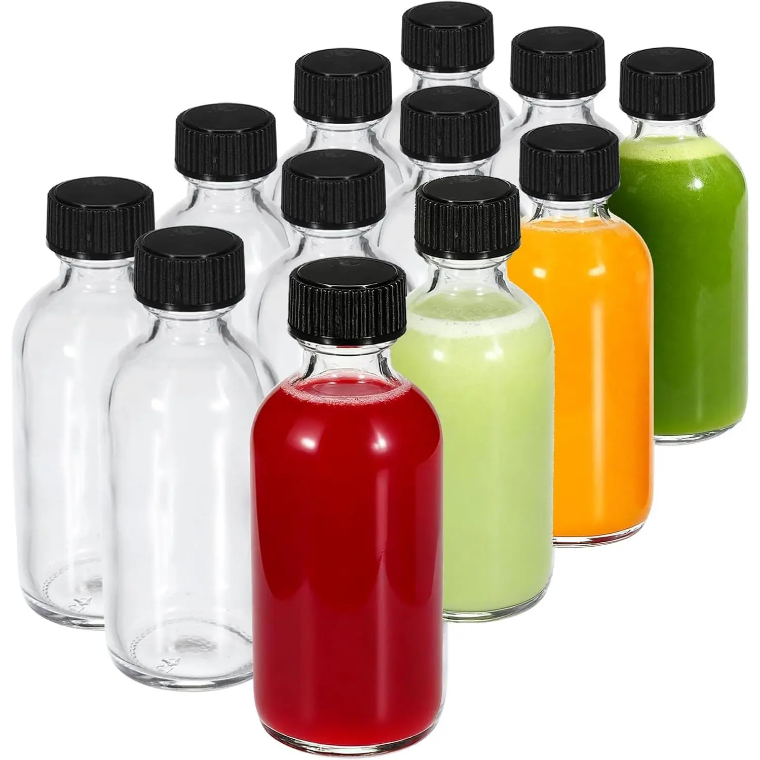 12 Pack 2 oz (60ml) Glass Boston Round Bottles with Lids, Leak Proof Mini Refillable Travel Containers for Juice, Ginger Shots, Whiskey & Samples, Includes Funnels, Labels & Brushes