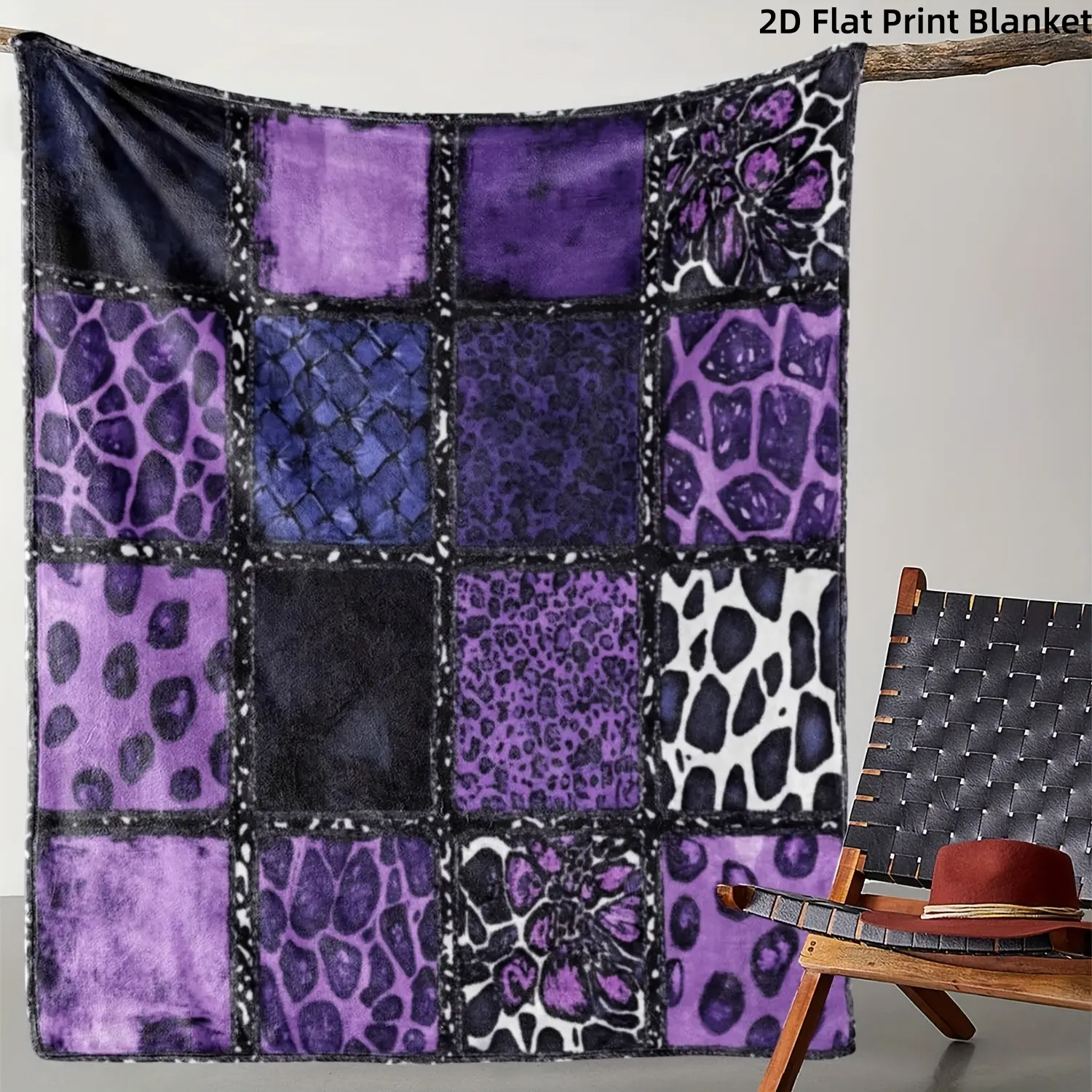 [Blanket] Purple Tone Leopard Cow Snake Skin Animal Flat Print Flannel Fleeced Blanket Cozy Throw Blanket Premium Lightweight Blanket Throw Season Cozy Warm Nap Multifunctional Blanket, Western Wild & Gothic Versatile Gift