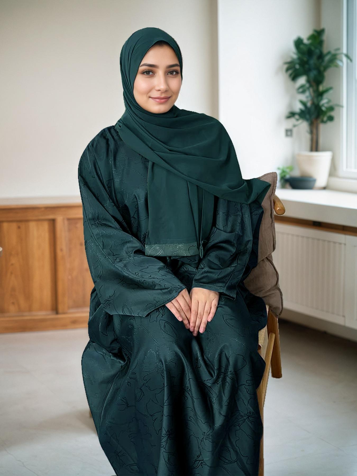 Women's Floral Jacquard Arabian Dress, Modest Chic Round Neck Long Sleeve Abaya Dress for Daily Wear, Ladies Islamic Clothing for All Seasons, Abaya Hijab Set, Abayas for Eid