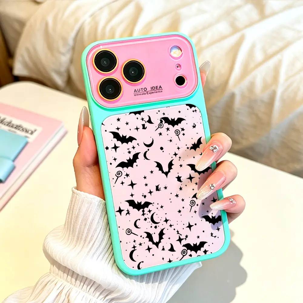 Soft TPU Dopamine Color Block Smartphone Case - Dark Bat Silhouette, Crescent Moon Art, Star Pattern, Night Sky Theme, Spooky Elegant Fashion Design for iPhone 13-17 Pro Max, 17 Air, 14-16, Halloween Night Gift Idea