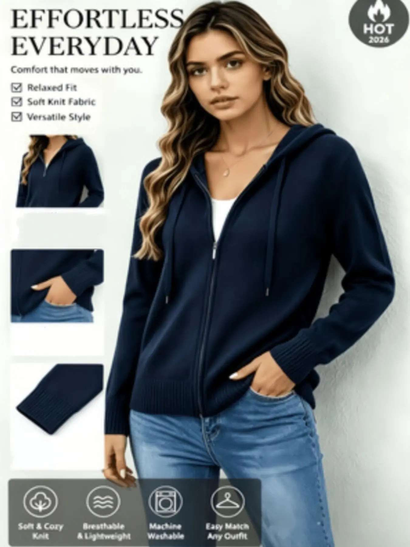 Women's Spring Summer Knitwear Hooded Zipper Open Front Sweater, Loose Fit Casual Outerwear, Versatile Commuter Pullover Top