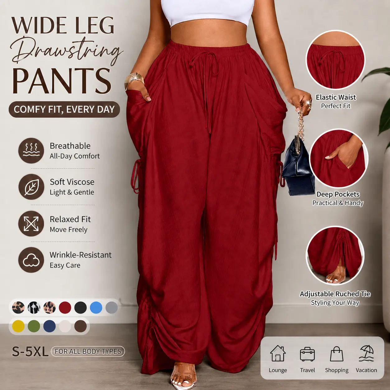 Women's Plus Size Wide Leg Palazzo Pants Sizes S-5XL, Soft Breathable Viscose, Elastic Drawstring Waist, Deep Pockets, Adjustable Ruched Ties, Relaxed Loose Fit Wrinkle-Resistant Casual Lounge Trousers for Travel, Vacation, Shopping and Everyday Wear