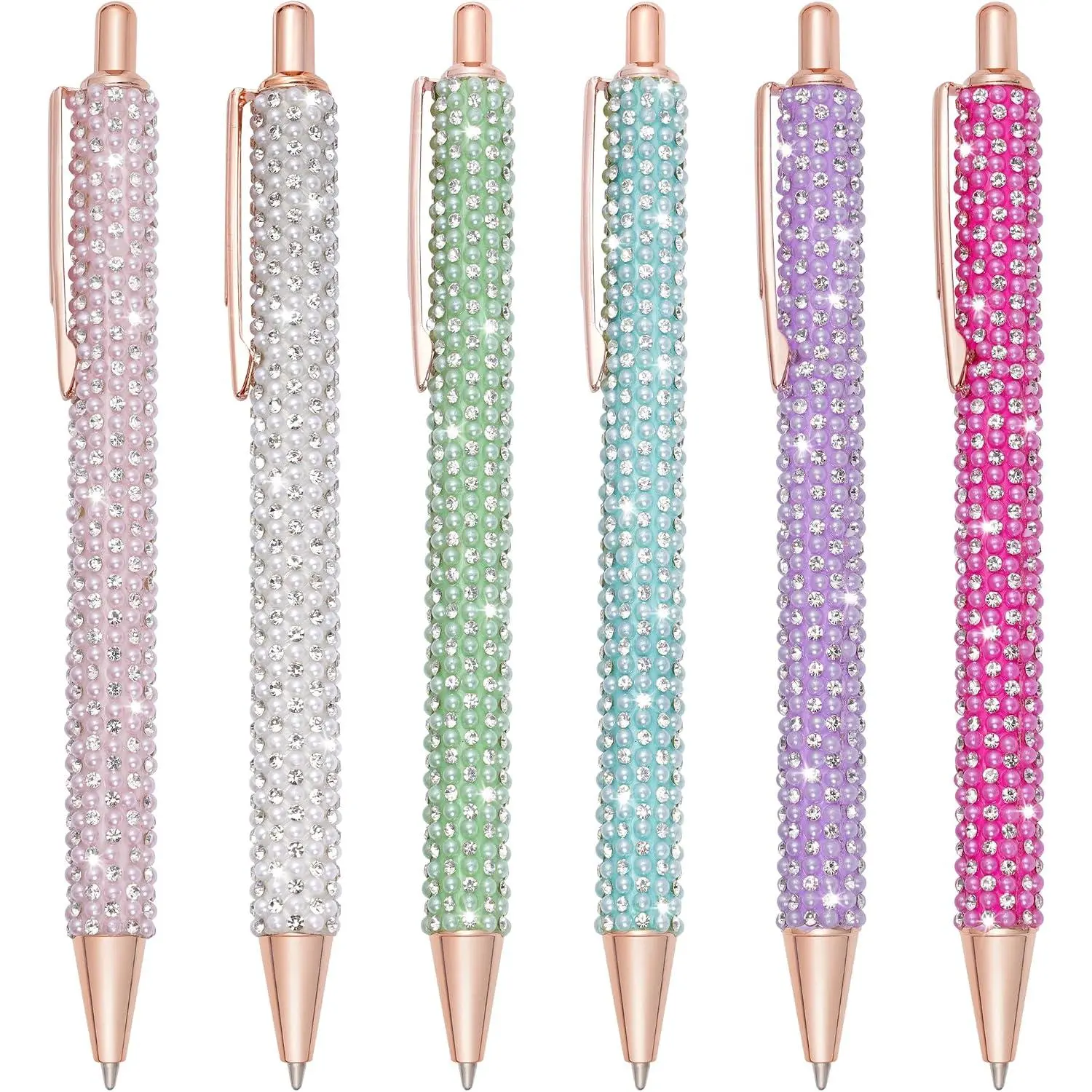 6 count Fancy Pens Glitter Cute Fun Pretty Rhinestones Metal Retractable Ballpoint Pens for Women Writing Business Office Supplies