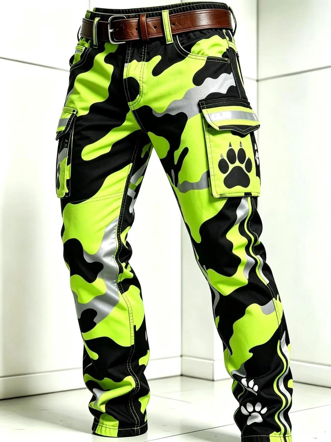 Men's Trendy Camouflage Cargo Pants, Reflective Stripes, Animal Paw Print, Outdoor Tactical Straight Leg Long Pants, Casual All-Season Wear
