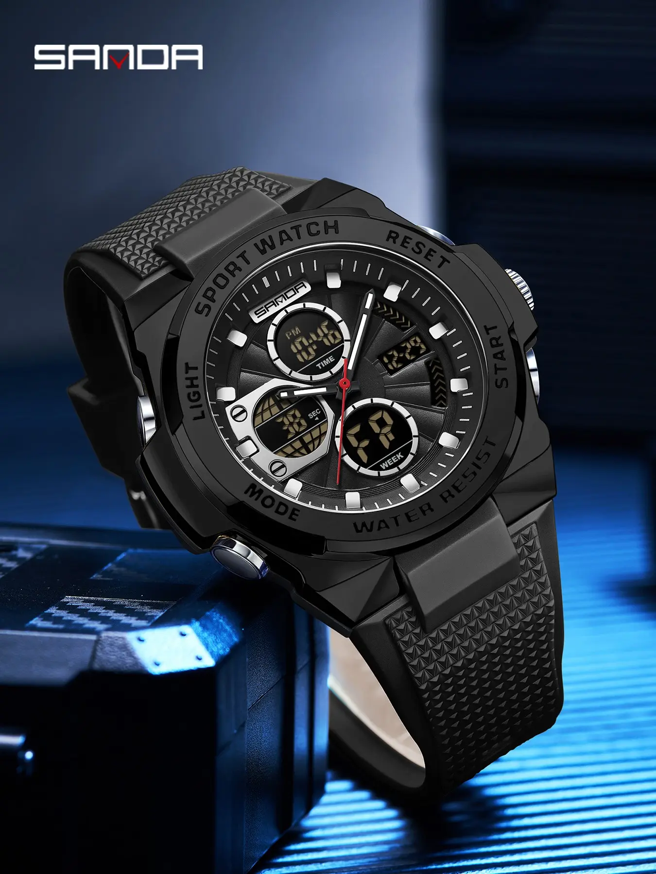 Men's Electronic Watch Sanda3378, Sports Multifunctional Dual Display, Waterproof Night Light Alarm Clock, Student Watch, Quartz Analog Wristwatch