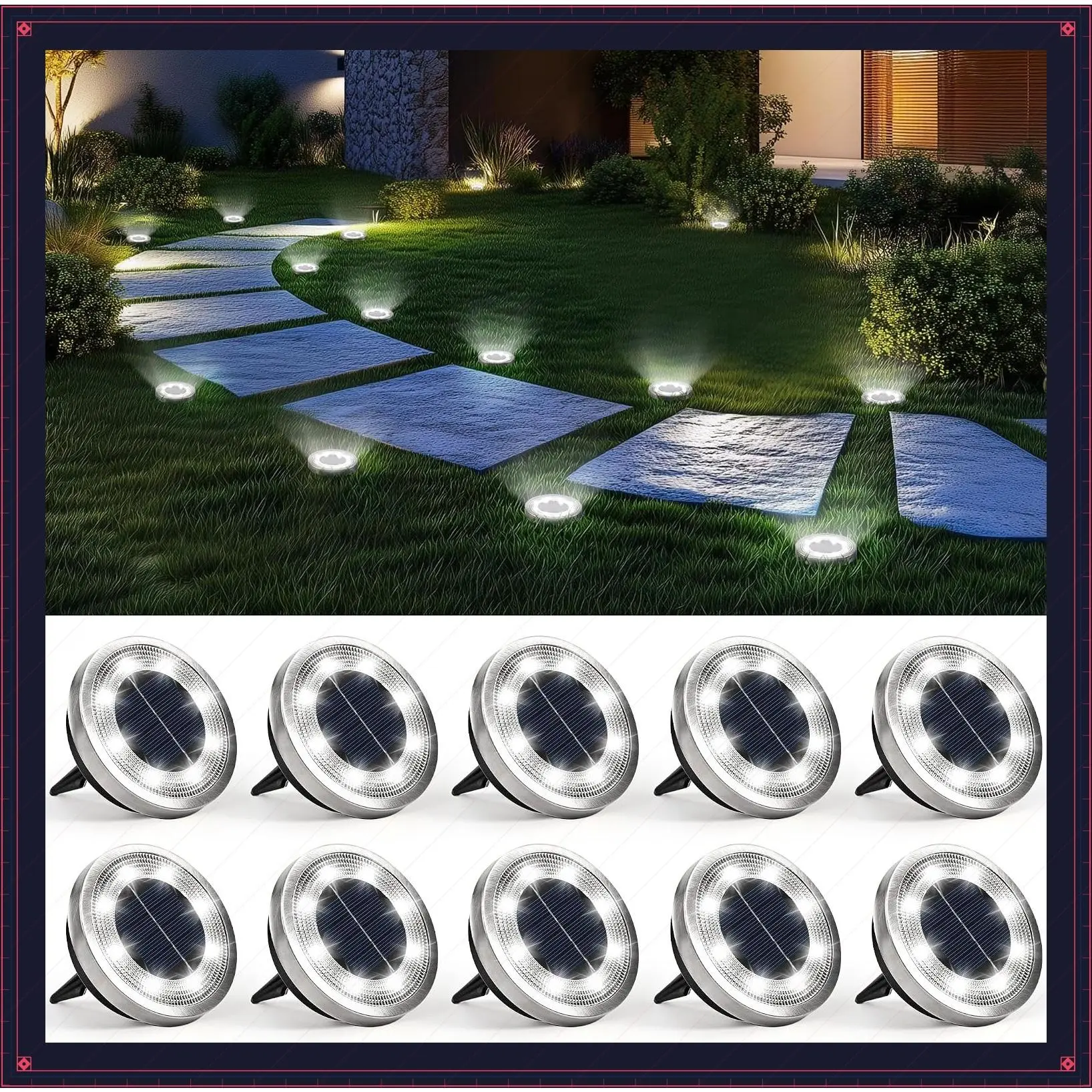 10 Pack Solar Ground Lights Outdoor, Cool White Backyard Decor, IP65 Waterproof Stainless Steel Landscape Lighting for Walkway, Driveway, Pathway, Garden, PatioGift
