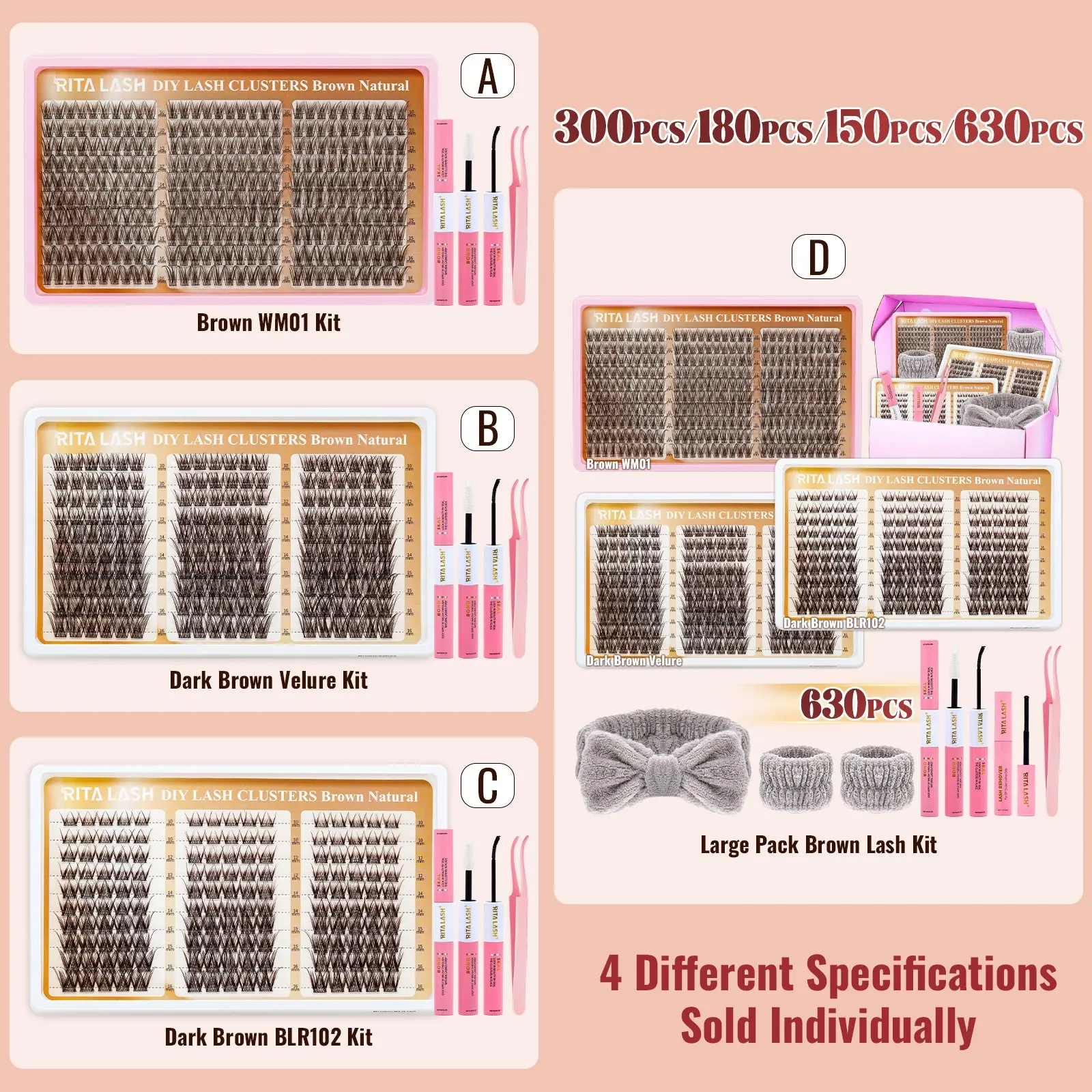 RITALASH 630PCS Dark Brown Mixed Length Individual False Eyelashes Kit, Natural Lashes Clusters, DIY Eyelash Extensions, Natural-Looking Eyelash Extensions with Accessories, Self-Grafting Curling Lashes for Women, Makeup Products (WM01-Velure-BLR102)
