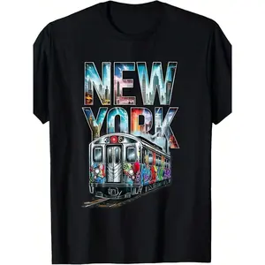 Men'S Retro New York City Subway Graphic T-Shirt - Urban Hip Hop Tee With Graffiti Art, Vintage NYC Transit Design, Regular Fit Round Neck Casual Streetwear For Men, All-Season & Statement Apparel, Vibrant Graffiti-Style Print