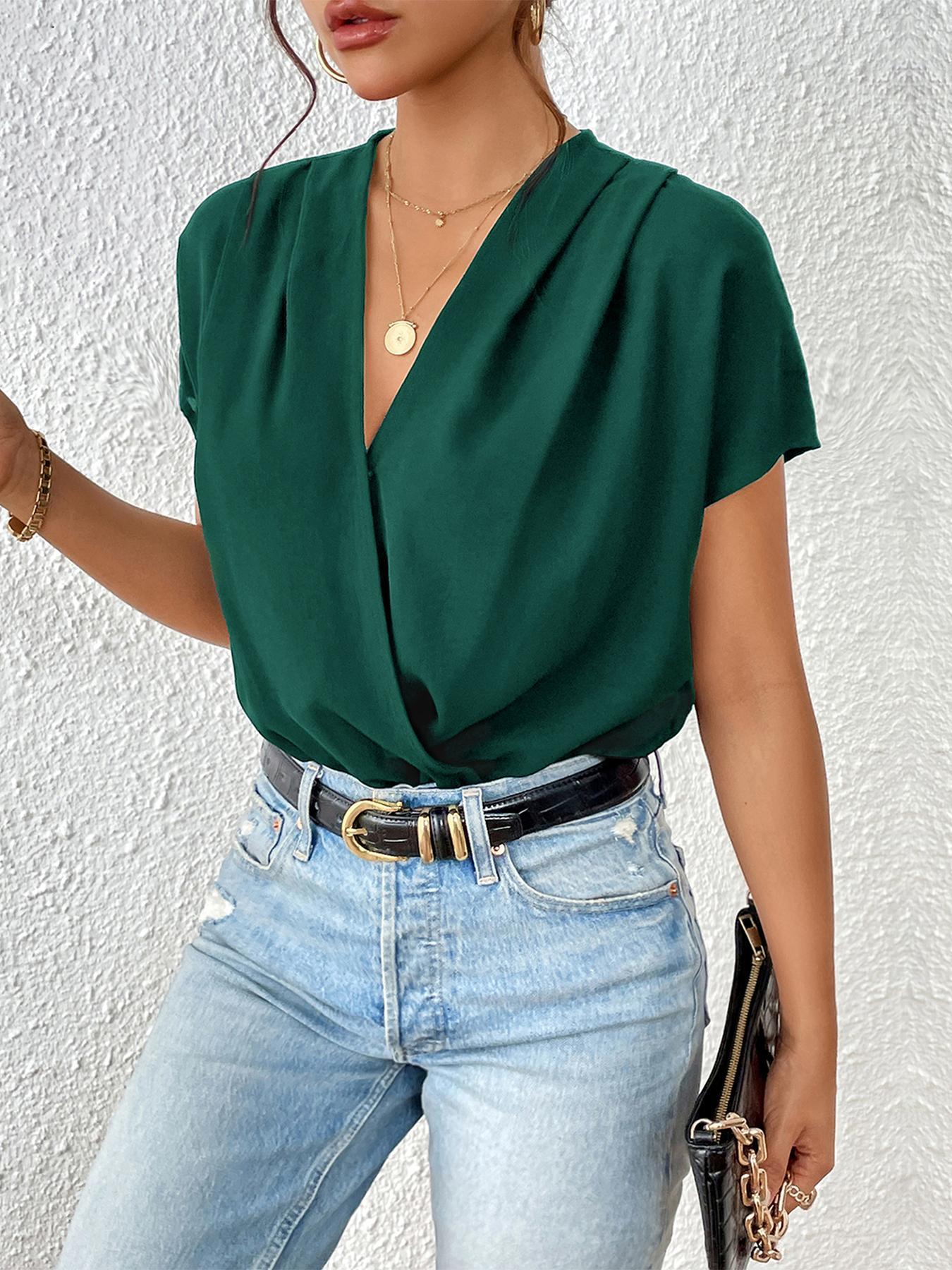 Women's Plain Basic Wrap Batwing Sleeve Bodysuit, Elegant Deep V Neck Short Sleeve Bodysuit, Women Summer Outfit for Daily Wear, Shortie Bodysuit