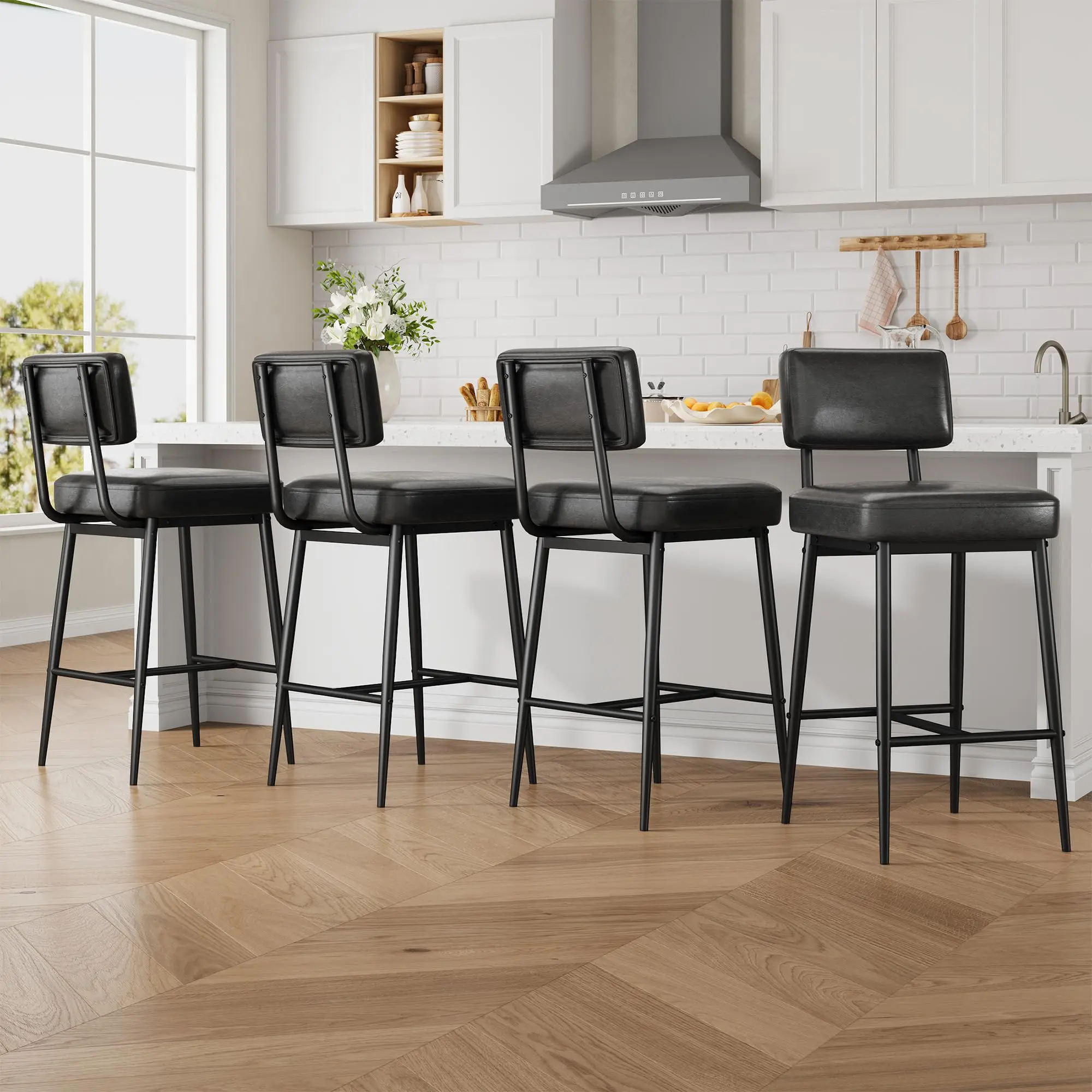 Modern Black Bar Stools Set of 4 with Backrest – 26 Inch Counter Height Chairs – Faux Leather Upholstered, Sturdy Metal Legs, Ergonomic Padded Seat – Ideal for Kitchen Island, Dining Room, Home Bar