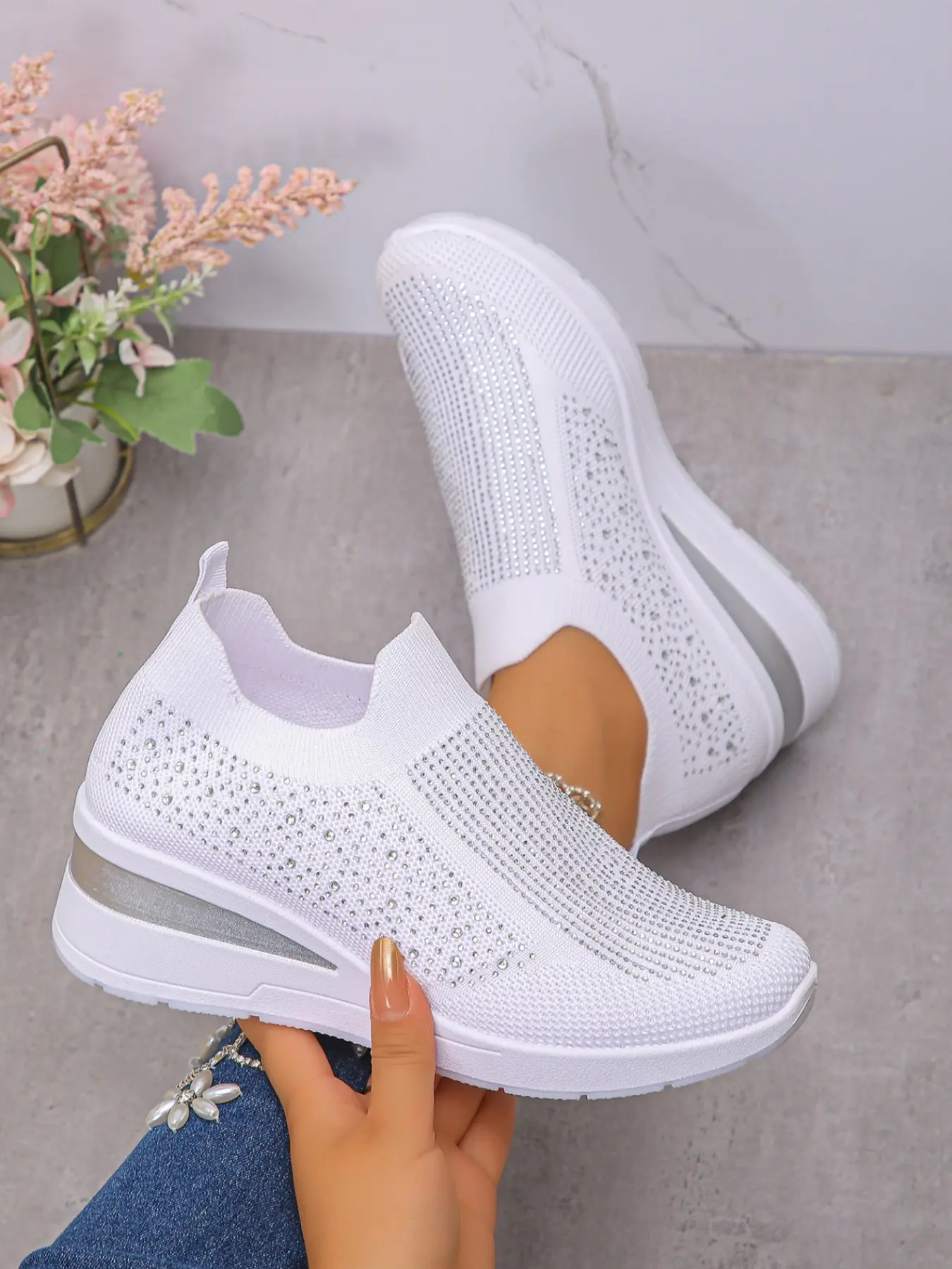 Women's Round Toe Sparkle Slip-On Wedge Short Boot, Comfortable All-Season Fashion Shoe, PU Upper Rubber Sole, Ideal for Shopping & Walking
