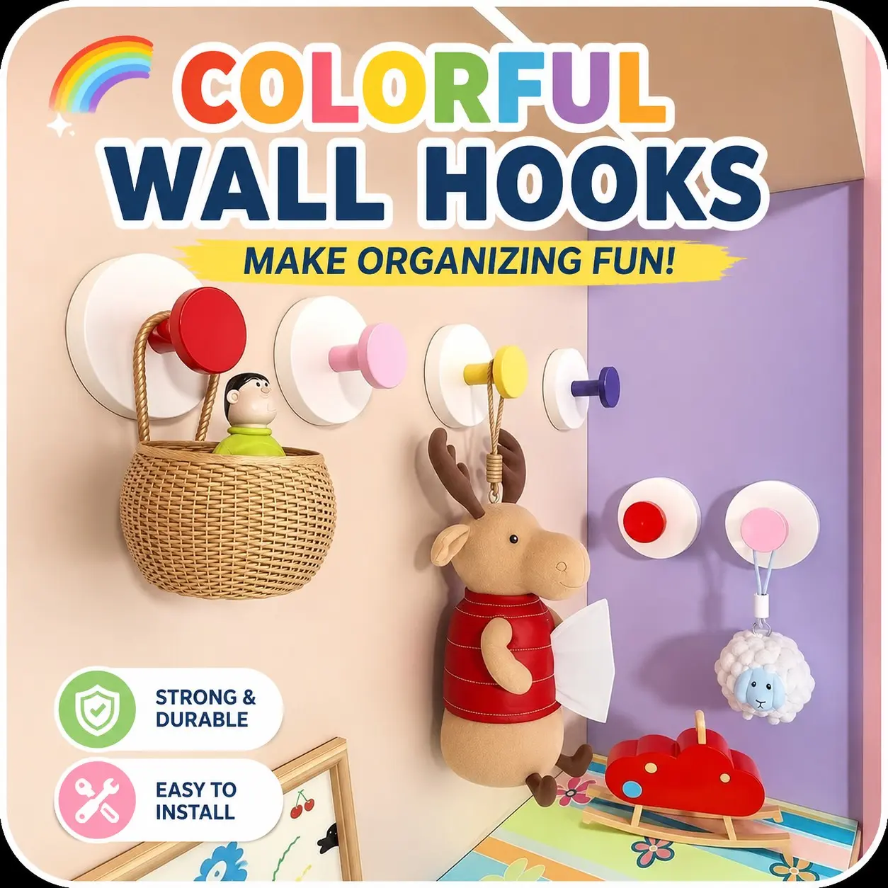 Wall Hooks Without Drilling, No Damage, Removable Adhesive Hooks, Waterproof Seamless Hanging Hooks for Bathroom Kitchen, Bathroom Hooks for Towels