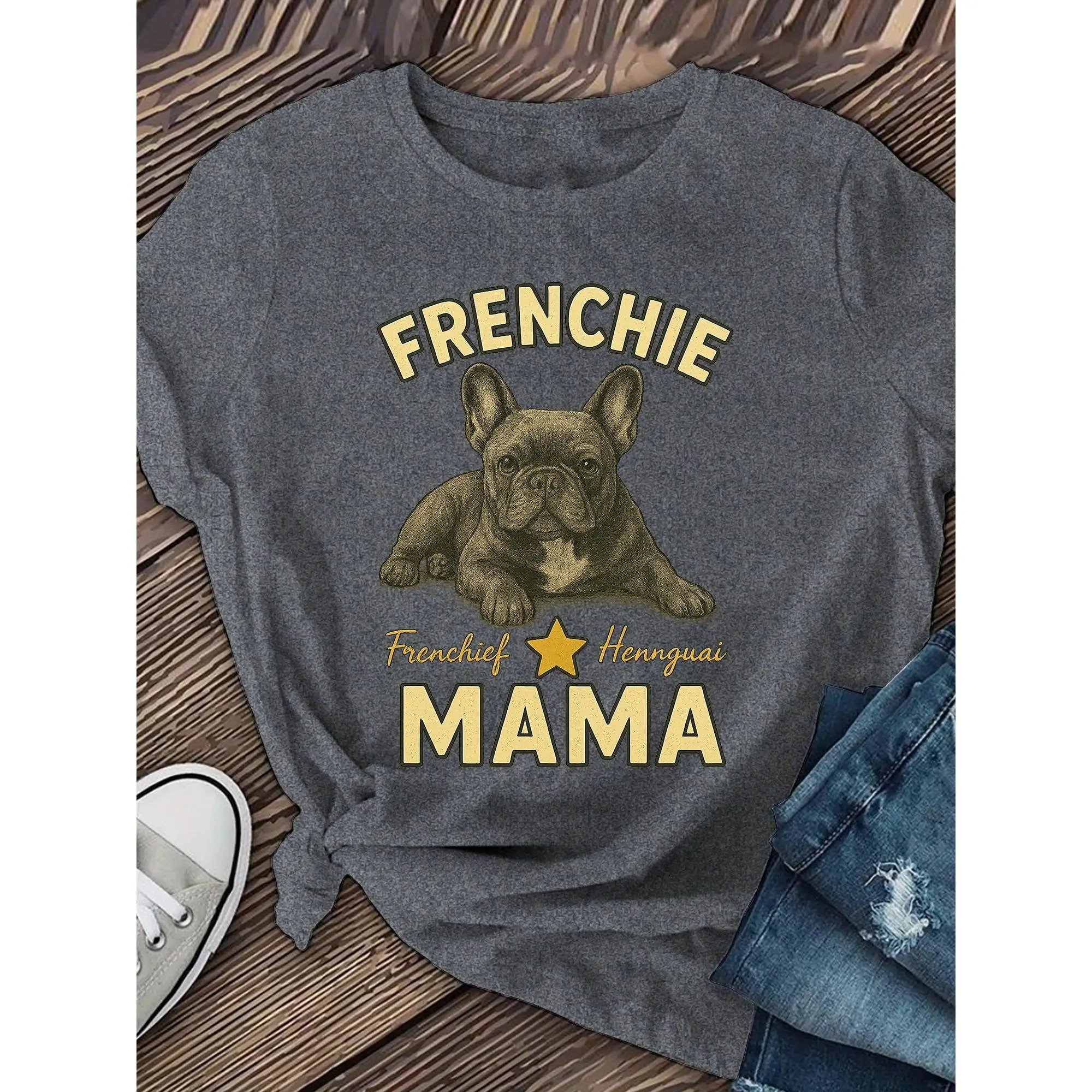 Women's Short Sleeve French Bulldog Mom Graphic T-Shirt - Cute Animal Print Round Neck, Medium Stretch Machine Washable Casual Sports Top for Spring, Summer, Shortsleeve, Tshirt, Female Tee, Round Neck Top, Casual Cut