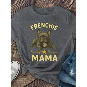 French Bulldog Mom Graphic Women's Short Sleeve T-Shirt - Cute Animal Print Round Neck Top, Medium Stretch Machine Washable Casual Tee for Spring Summer Fall