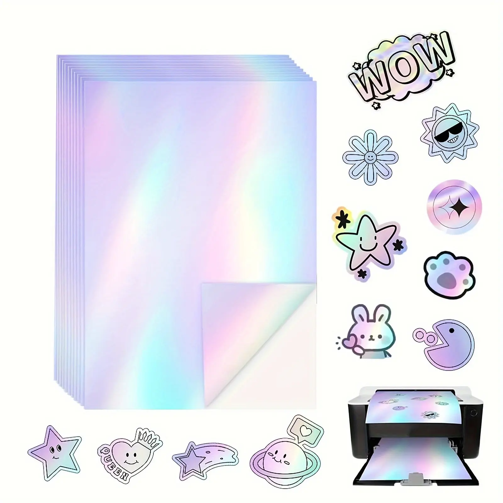 A4 Holographic Printable Sticker Paper, Suitable for Inkjet and Laser Printers, 10 Sheets, Glossy, Rainbow Effect, 21.08 X 29.72 Cm