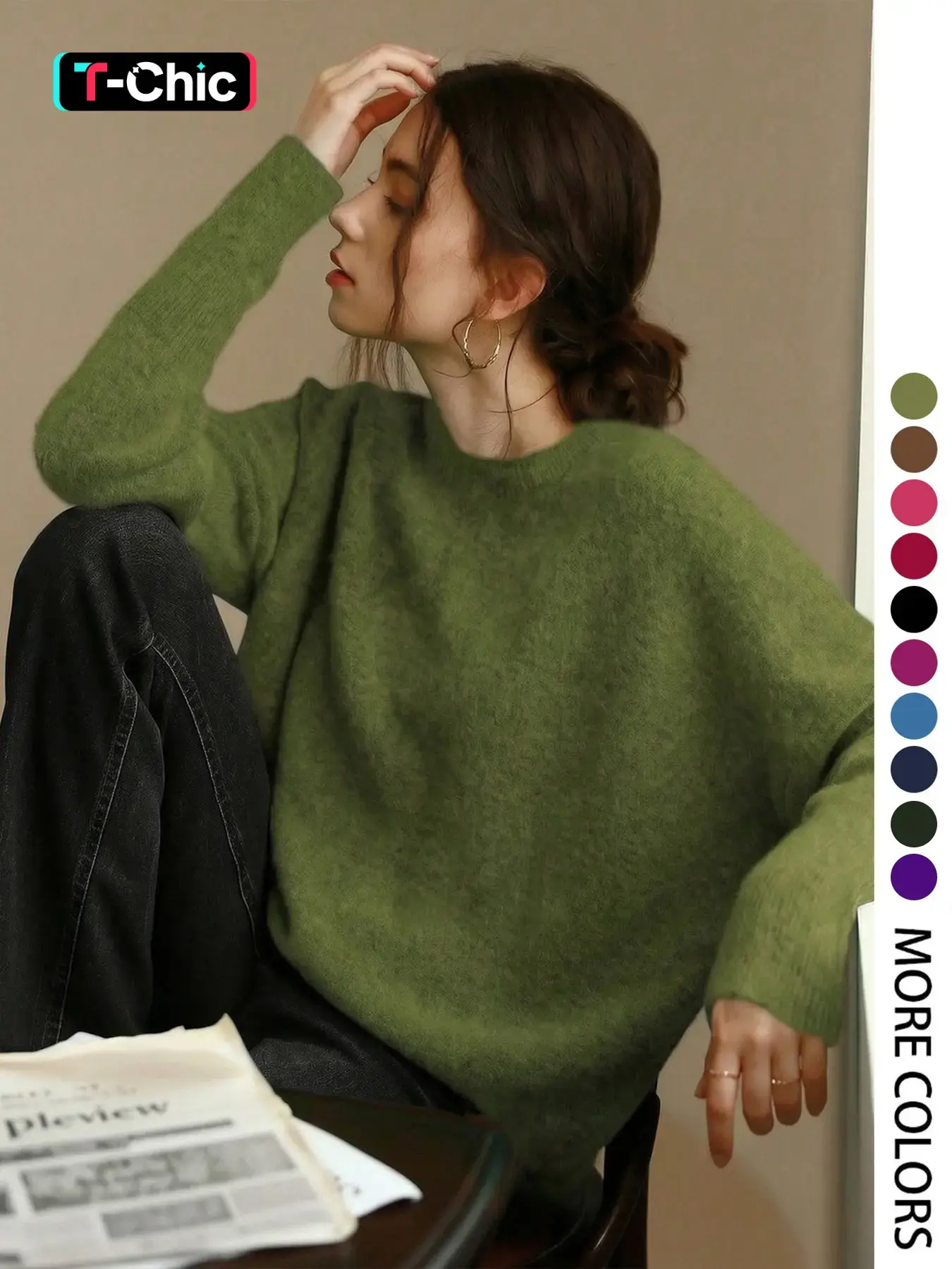Elegant Women's Fall & Winter Fashion Basic Casual Home Wear, Loose Fit Knit Round Neck Long Sleeve Pullover Top, Minimalist Style