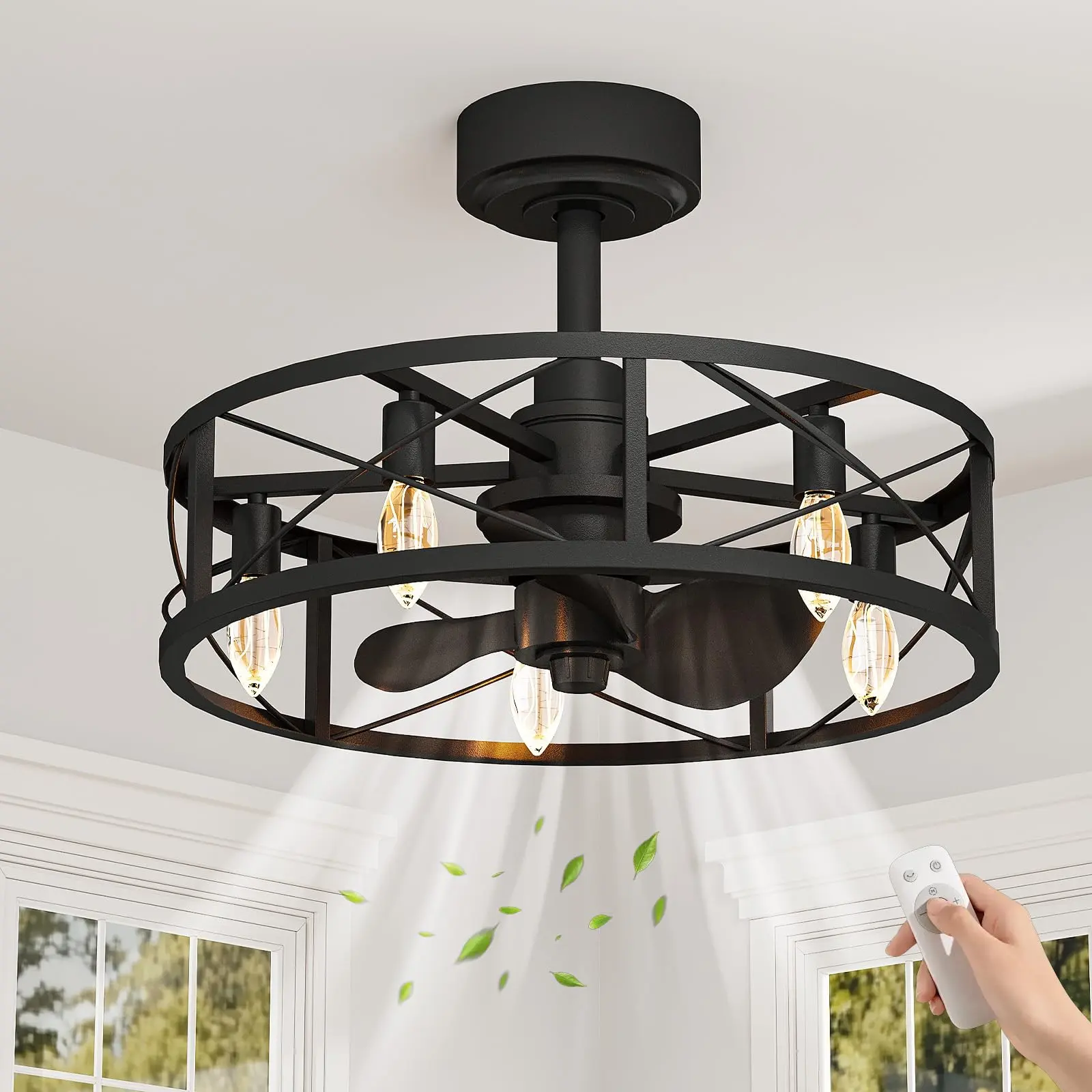 20" Caged Fandelier Ceiling Fan with LED Light, Bladeless Flush Mount, Remote Control, 10%-completely Dimmable, Rustic Farmhouse, Brushed Gold