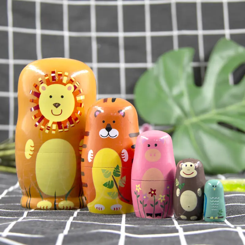 Wooden cartoon animal anime tiger five layer nesting doll children's puzzle toy